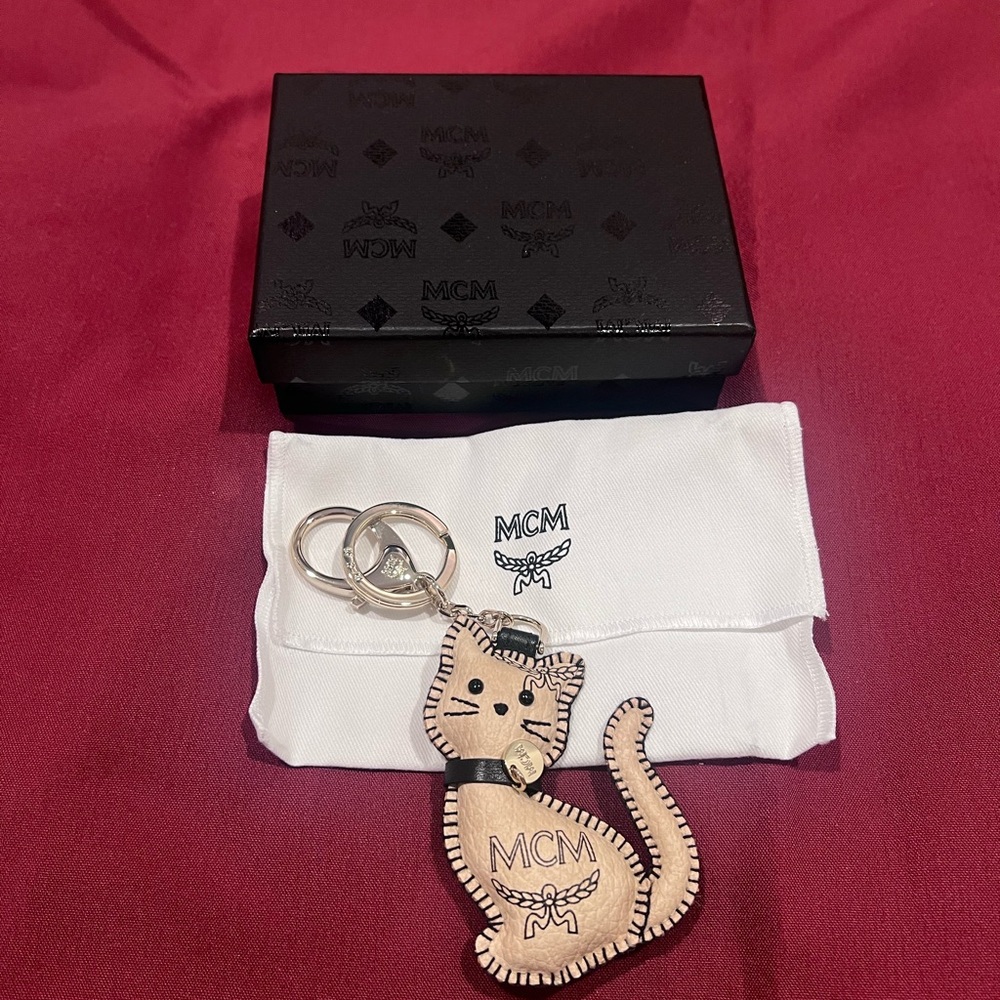 MCM Beige and Black Cat Key Charm with Silver Hardware